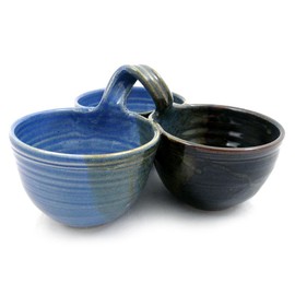 American Made Stoneware Pottery 3-Bowl Condiment/Sauce Serving Dish in Lakeside Blue