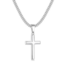 Fiusem Silver Tone Cross Necklace for Men, Beveled Edge Trapezoid Pandent Mens Necklace, 3.5MM Stainless Steel Cuban Chain, 20 Inches
