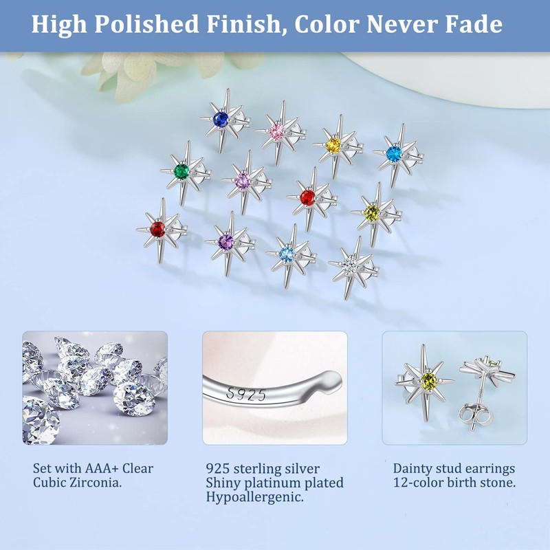 Suplight Sterling Silver Starburst Earrings North Star Jewelry March Birthstone