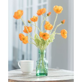 Petals - Orange California Poppies Silk Flower Arrangement in Green Glass Bottle - 16" Height x 12" Width
