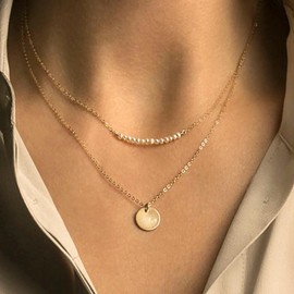 Atentuyi Boho Layered Sequins Necklace Gold Choker Pearl Necklace Disc Coin Pendant Necklace Pearl Bar Necklace Dainty Layering Chain Multilayer Necklace Jewelry for Women and Girls