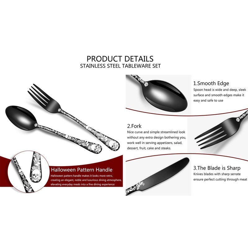XIAOYU 40 Piece Halloween Skeleton Silverware Set, Tableware Cutlery Set