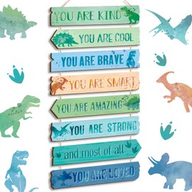 Inspirational Girl Room Decor Aesthetic Art Wall Hanging Sign Inspiring Colorful Rainbow Wooden Decoration for Kids Teens Toddler Boy Baby Bedroom Nursery Dorm Decor, 6-12 Years Old (Dinosaur)