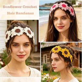 Boho Headbands Crochet Hair Bandanas Floral Head bands Hippie Black Hair Scarfs Tie Back Head Kerchief Knitted Solid Color Hairband Fashion Hair Accessories for Women 3Pcs (Sunflower)