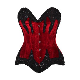 Top Drawer Dark Red Velvet & Beaded Steel Boned Overbust Corset (3X)