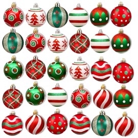 Set of 30 Christmas Baubles Plastic Red White Christmas Tree Baubles with Hanger Christmas Tree Baubles Plastic Shatterproof Christmas Tree Decorations (Red Green)