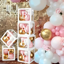 105Pcs Baby Shower Decorations Boxes for Girls,6 Pink Baby Shower Balloons Boxes with 54 Letters(B+A-Z),45 Pink White Gold Balloons,Baby Boxes for Baby Shower,Birthday Party Decoration,DIY Custom Name