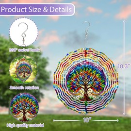 Tree of Life Wind Spinner 3D Stainless Steel Hanging Wind Spinners 10 Inch Stained Glass Style Multi-Color Kinetic Decor for Indoor and Outdoor Spaces Christmas Ornament Gifts