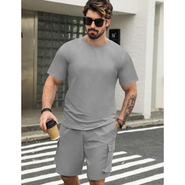 Babioboa Mens Short Sets 2 Piece Outfits - Casual Summer Short Sleeve Sweatsuits Sets for Men with Cargo Pocket(GR,XL)
