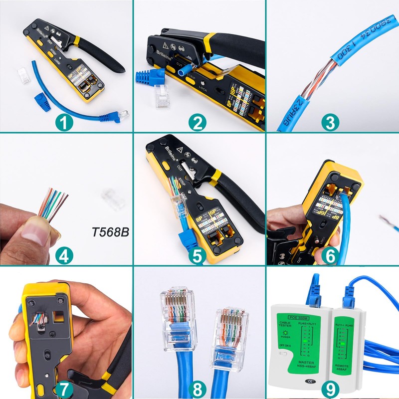 Brileine RJ45 Crimp Tool Pass Through Crimper for RJ45 Connectors