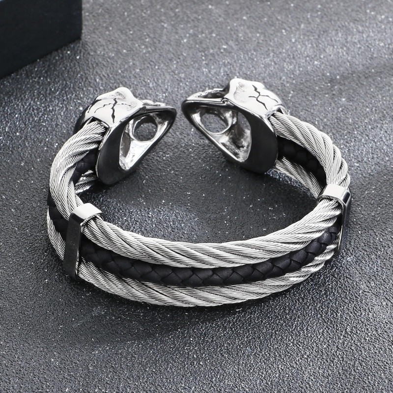 Klapgo Men's Gothic Skull Bracelet Stainless Steel Cable and Leather