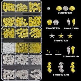Ocean Themed Nail Charms,3Boxes 18Grids Metal 3D Nail Studs Rhinestones,Star Starfish Seashell Conch Pearl Caviar Beads Summer Beach Nail Art Decorations for Women Girl Manicure Design Supplies