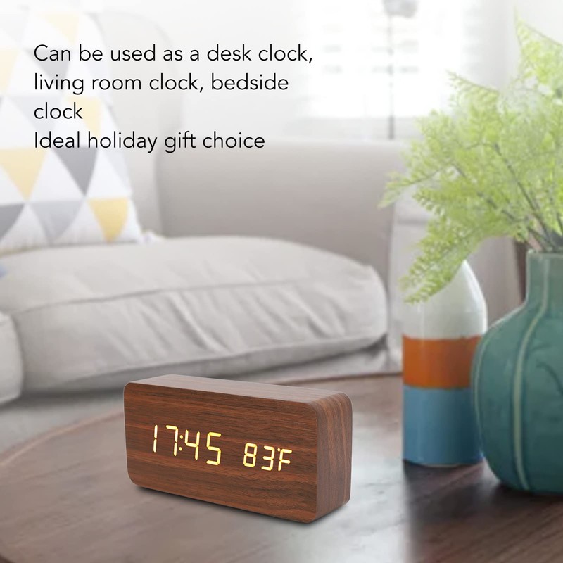 LED Table Clock Wood Look, Alarm Clock Digital Radio Clock,