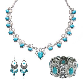 Turquoise Necklace Earrings Bracelet Jewelry Set Blue Vintage Jewelry Sets for Brides Wedding Party Costume Accessories for Women, EA-012-2