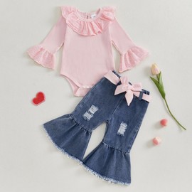 MAINESAKA Infant Baby Girl Denim Bell Bottom Outfit Long Sleeve Lace Ribbed Romper Flare Jeans With Bow Set Cute Boho Clothes (A-Pink, 9-12 Months)