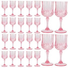 HTTBEIZI 24PCS 7OZ Pink Wine Plastic Glasses, Drinking Champagne Glasses Flutes Crystal Vintage Water Unbreakable Goblets for Wedding, Parties