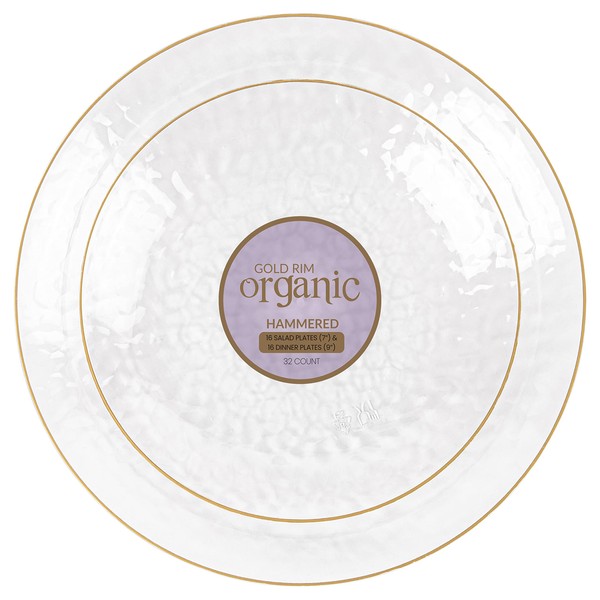 Plasticpro 32 Piece Combo Plates Set includes 16-7'' inch Plates & 16-9'' inch Plates Clear Plastic Organic Hammered Design Party Plates With Gold Rim, Elegant, Tableware, Dishes,