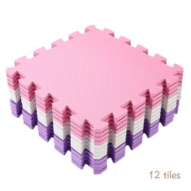 Easy Playhouse: 12 Soft Foam Floor Puzzle Tiles - Pink-Purple-White - 12" Interlocking Mat Pieces (4'x3'), Nursery, Playroom, Gym, Children & Adults