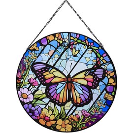 Butterfly Stained Glass Window Hanging, Butterfly Suncatcher Panels, Garden Decor with Metal Chain, Butterflies Decor with Hook, Decoration for Home Party Wedding