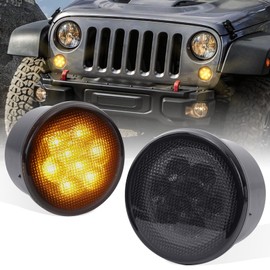 OPPBUY Amber LED Turn Signal Light Smoke Lens LED Front Grill Indicator Parking Light Compatible with Wrangler JK & Unlimited 2007-2018-Pack of 2