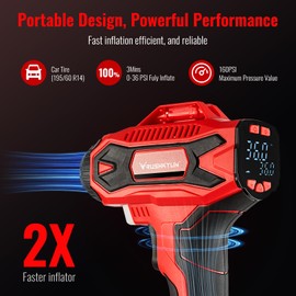 RUSHKYLIN Cordless Tire Inflator Portable Air Compressor, 160PSI Air Pump with 21V Rechargeable Battery Powered, Digital Pressure Gauge, Built in LED Lights, Handheld Air Compressor For Cars
