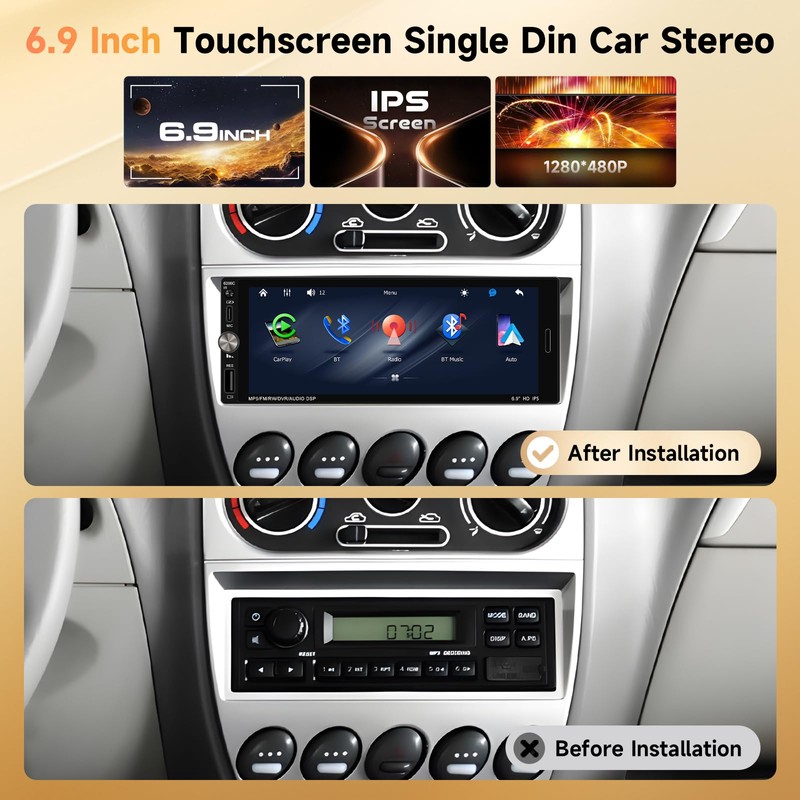 Single Din Car Stereo Compatible with Carplay Android Auto, METEESER