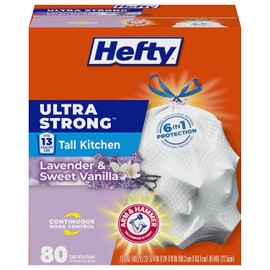 Hefty bolsas de basura con cordón para cocina, ultra fuertes, 13 galones, Lavender Sweet Vanilla, Blanco, 80 Count