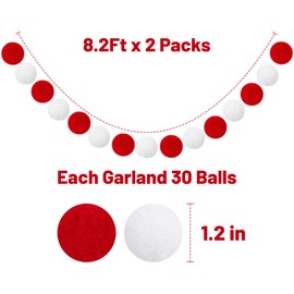 G2PLUS 2PCS Colored Felt Ball Garland, Pom Pom Garland with 60 Balls for Christmas, Red and White Nursery Decor Garland, Felt Ball Garlands for Christmas Tree Party Decoration