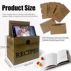 Recipe Box with 70 Recipe Cards and Dividers,Rustic Wood Box Organizer Set to Write in Your Own Recipes,Includes Anti-slip Pad,Housewarming Gift