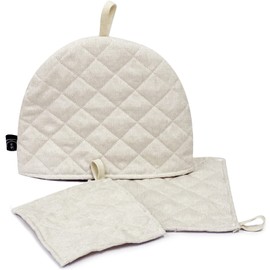 Kuai Tea Cozy Pot Mat, Set of 3, Tea Cozy Teapot Cover, Antique Scandinavian Style, Stylish, Solid, Quilting, 10.6 x 8.7 inches (27 x 22 cm) (Beige)