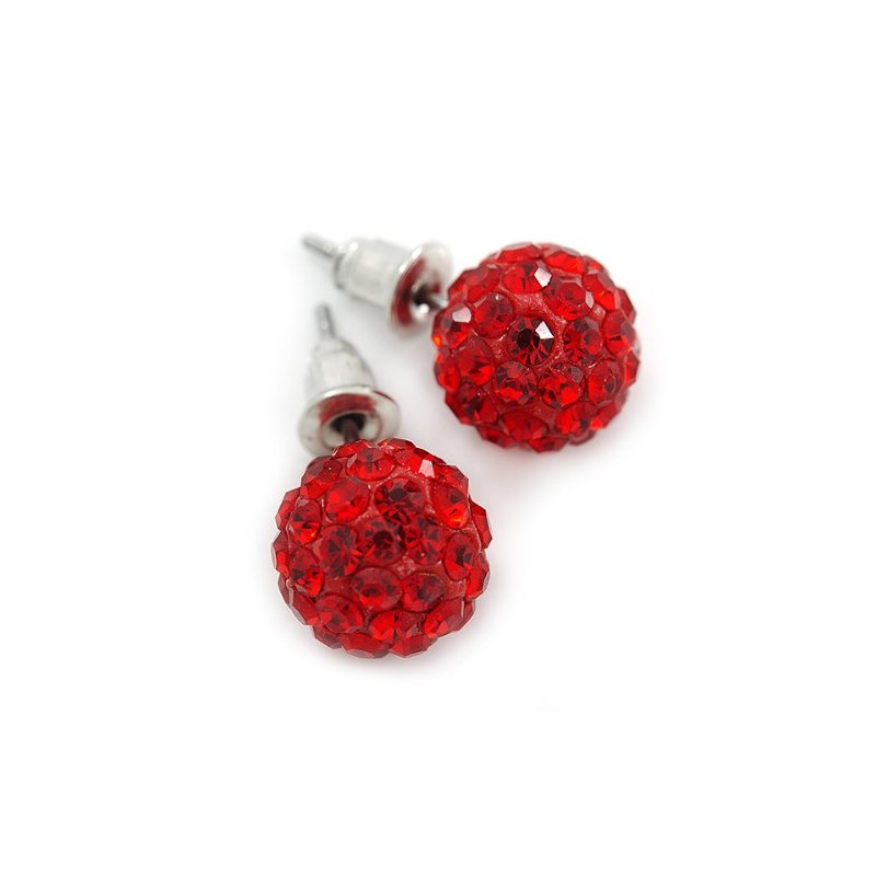 10mm Red Crystal Ball Stud Earrings In Silver Tone