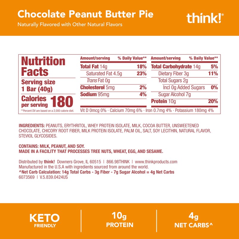 think! Delight Protein Bars, Chocolate Peanut Butter Pie, Low Sugar