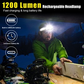 EXIN DECHEN LED Headlamp Rechargeable, 1200 Lumen Super Bright Headlamp Flashlight, 270° Wide Beam LED Headlamps with Red Taillight, 8 Mode Lightweight Waterproof Head Lamp