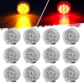 Partsam 12Pcs 2inch Round 9LED Side Marker Clearance Lights with Reflectors for Trailer Truck, Clear Lens, Sealed Waterproof (6Amber + 6Red)