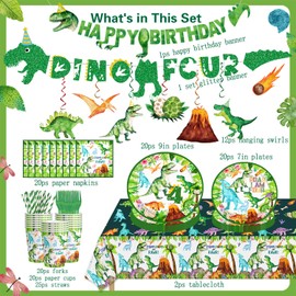 Watercolor Dinosaur 4th Birthday Party Supplies Roar Im 4 Dinosaur Party Plates Cups Napkins Hanging Swirls Banner Tablecloth Straws forks for Boys Dinosaur T-Rex Roar 4th Party Birthday Decorations
