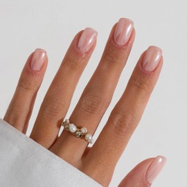 FANLAID Press On Nails Short - Square Nails Press Ons, Pearlescent Nude Glazed Design Glue On Nails, Natural Fit & Reusable Stick On Nails in 12 Sizes - 24 Fake Nails Kit for Women, Pearlescent Nude