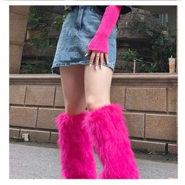 IXU Women's Faux Fur Boot Furry Fluffy Round Toe Suede Winter Comfy Plush Warm Short Outdoor Indoor Flat Shoes Knee-High Boots