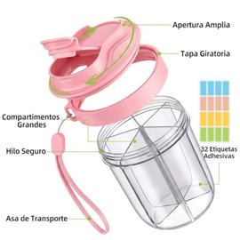 Dispensador de pastillas semanal portátil 7 Compartimentos, Material Grado Alimenticio Sin BPA, Antimezcla y Apertura Amplia, Incluye 20 Hojas de Etiq