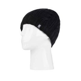 HEAT HOLDERS - Womens Thick Fleece Lined Cable Knit Thermal Winter Beanie Hat (One Size, Black)