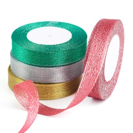 FEPITO 4 Pack 20mm Wide Christmas Ribbon Gold Silver Red Green Ribbon Glitter Organza Ribbon for Gift Wrapping Christmas Decoration(Gold/Silver/Red/Green)