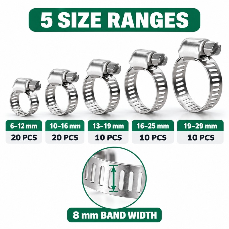 70-Piece Stainless Steel Worm Gear Hose Clamp Assortment, 6-29 mm