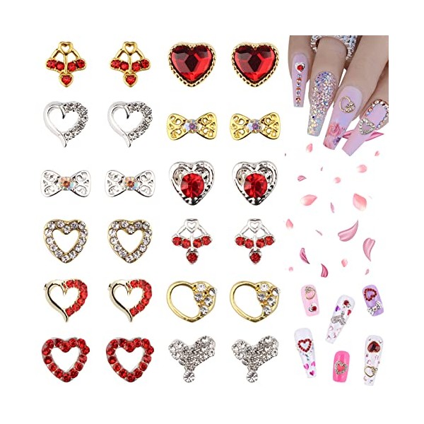 60 PCS 3D Alloy Heart Nail Charms EBANKU Bows Nail Art Charms Metal Heart Shape Nail Rhinestones Gems Diamonds for Valentine's Day Nail Art Craft Accessories