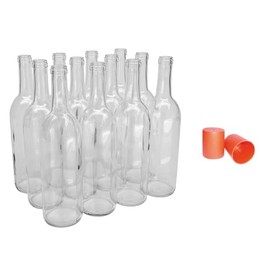 North Mountain Supply 750ml Glass Bordeaux Wine Bottle Flat-Bottomed Cork Finish - with Dust Storage Cap - Case of 12 - Clear/Flint