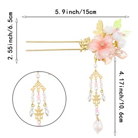 2PCS Chinese Dangling Hair Sticks, Pink Flower Chinese Hair Sticks with Tassel for Long Hair Buns for Women