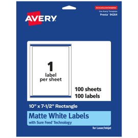 Avery Matte White Rectangle Labels with Sure Feed, 10" x 7.5", 100 Matte White Printable Labels