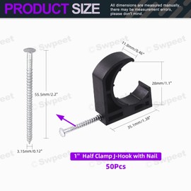 Swpeet 50Pcs Black Color Half Clamp J-Hook with Nail Assortment Kit, Plastic Small J Clamps Half Clamp Fixture, Cable Tacks Pex Hangers Ideal for 1" PEX Tubing Pipe Support