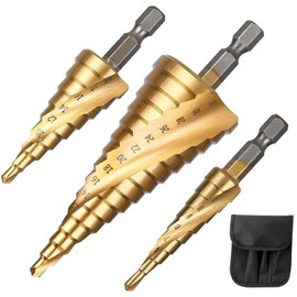 Lohill HSS Step Drill, 3-Piece Step Drill Set, Peeling Drill Set, Exact Spiral Groove Taper Drill, 4 mm to 12/20/32 mm, Titanium-Coated Professional Metal Drill Bit Set for Metal, Wood, Plastic