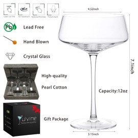 YULVINE Crystal Coupe Glasses Set of 4,Hand Blown 12oz,Large Stem Martini Glasses with Cocktail Guide,for Champagne,Giant,Margarita,Espresso,Dessert,Bar,Cosmopolitan,Manhattan