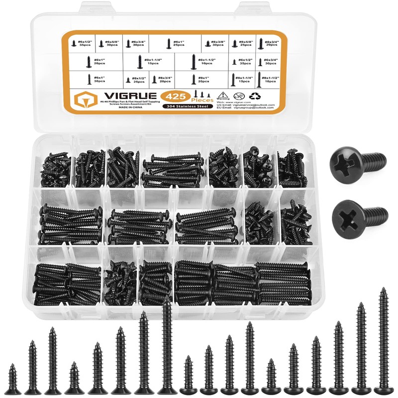 VIGRUE 425PCS #6#8 Black Wood Screw Set, Black Oxide 304