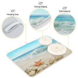 Summer Beach Dish Drying Mat 18 x 24 Inch Sea Wave Shells Starfish Drying Mat with High Absorbent Reversible Microfiber Kitchen Mat Dish Rack Pad Dish Drainer Mat for Kitchen Counter Coffee Bar